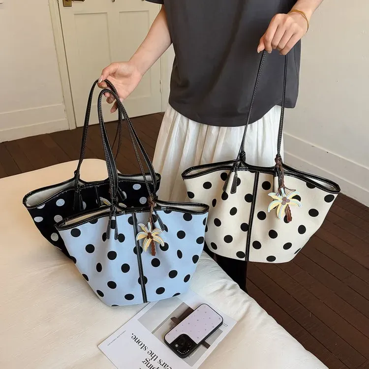 Tas Bucket Wanita Bahan Kanvas Motif Polkadot Warna Hitam Bentuk Bucket Tali Grosir Import