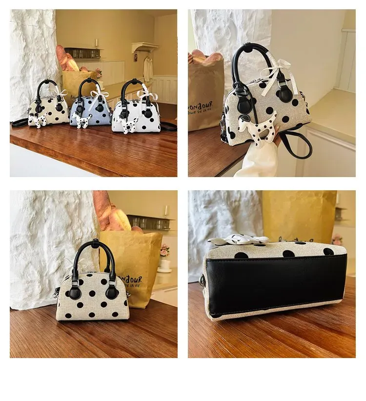 Tas Selempang Wanita Bahan PU Sintetis Motif Polkadot Warna Hitam Bentuk Bulat Stok Grosir