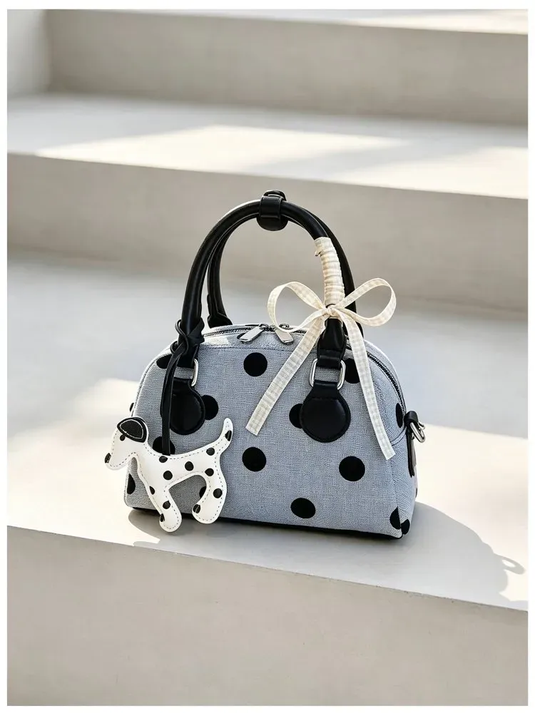 Tas Selempang Wanita Bahan PU Sintetis Motif Polkadot Warna Hitam Bentuk Bulat Stok Grosir