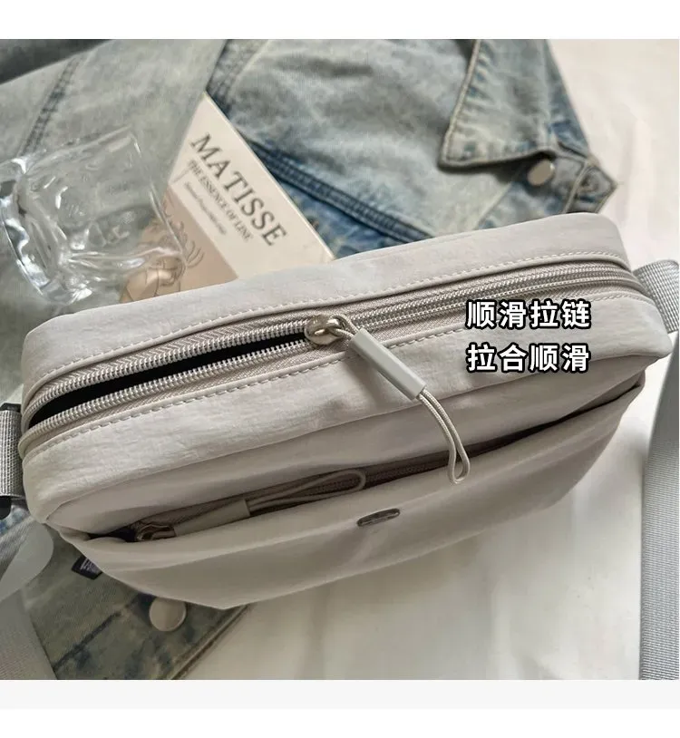 Tas Selempang Wanita Bahan Nylon Polos Warna Abu-Abu Bentuk Kotak Tali Lebar Resleting Grosir