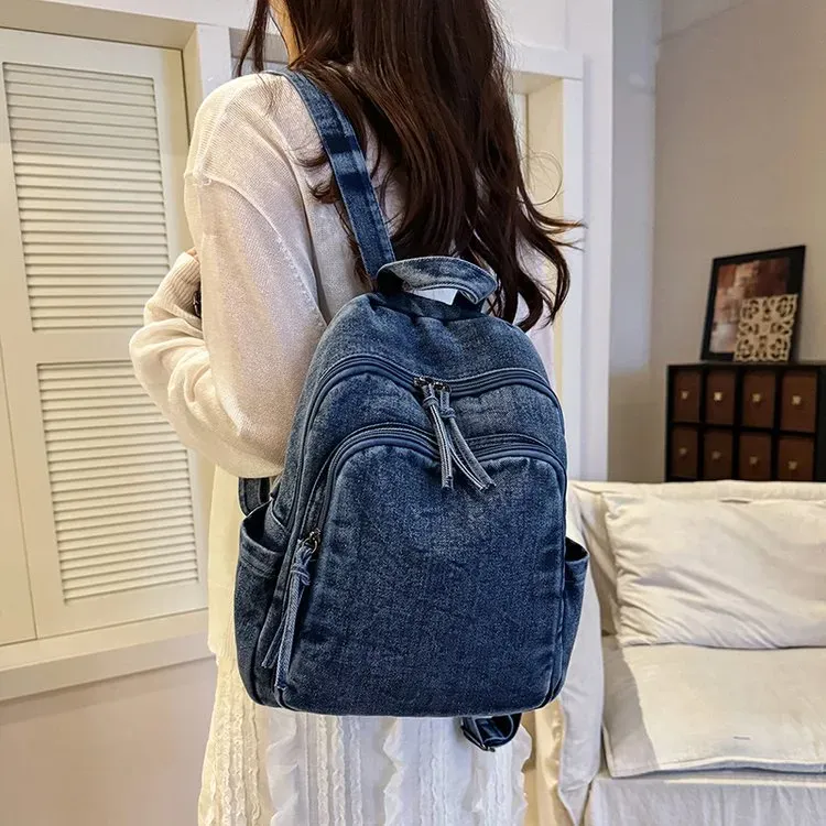 Tas Ransel Wanita Bahan PU Sintetis Polos Warna Biru Bentuk Kotak Tali Lebar Grosir Import