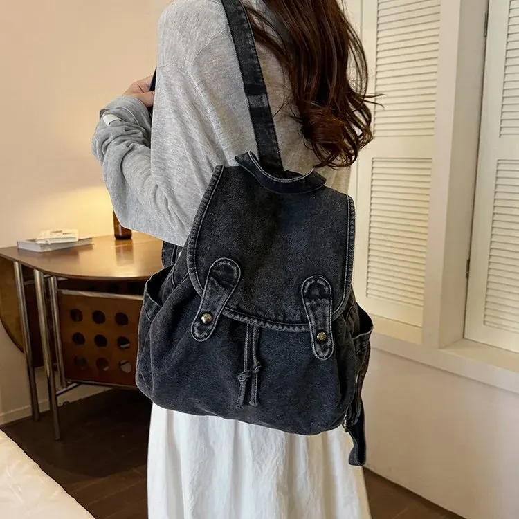 Tas Ransel Wanita Bahan PU Sintetis Polos Warna Biru Bentuk Kotak Tali Lebar Grosir Import