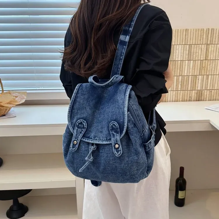 Tas Ransel Wanita Bahan PU Sintetis Polos Warna Biru Bentuk Kotak Tali Lebar Grosir Import