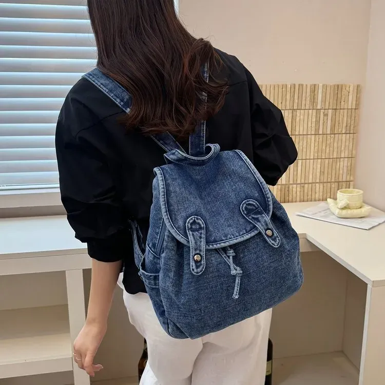 Tas Ransel Wanita Bahan PU Sintetis Polos Warna Biru Bentuk Kotak Tali Lebar Grosir Import