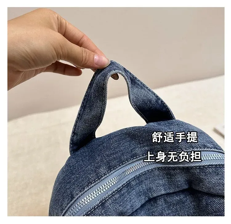 Tas Ransel Wanita Bahan Denim Polos Warna Biru Bentuk Kotak Tali Lebar Resleting Grosir Import