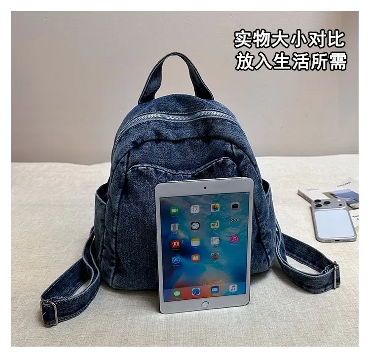 Tas Ransel Wanita Bahan Denim Polos Warna Biru Bentuk Kotak Tali Lebar Resleting Grosir Import