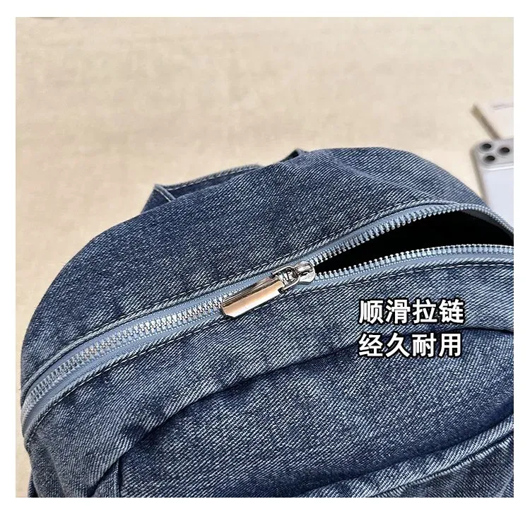 Tas Ransel Wanita Bahan Denim Polos Warna Biru Bentuk Kotak Tali Lebar Resleting Grosir Import
