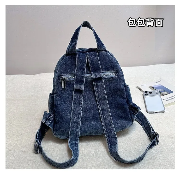 Tas Ransel Wanita Bahan Denim Polos Warna Biru Bentuk Kotak Tali Lebar Resleting Grosir Import