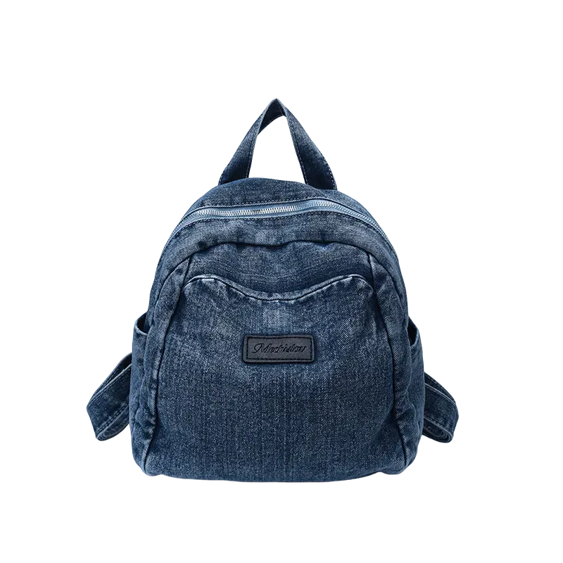 Tas Ransel Wanita Bahan Denim Polos Warna Biru Bentuk Kotak Tali Lebar Resleting Grosir Import