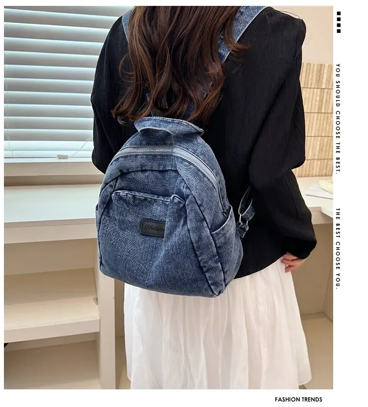 Tas Ransel Wanita Bahan Denim Polos Warna Biru Bentuk Kotak Tali Lebar Resleting Grosir Import