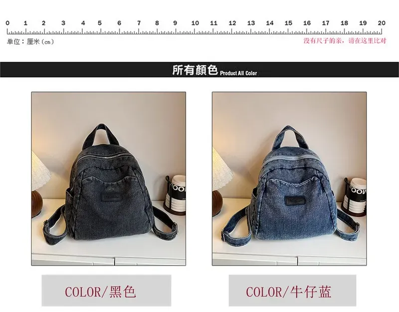 Tas Ransel Wanita Bahan Denim Polos Warna Biru Bentuk Kotak Tali Lebar Resleting Grosir Import
