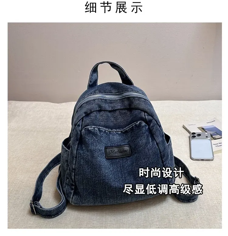 Tas Ransel Wanita Bahan Denim Polos Warna Biru Bentuk Kotak Tali Lebar Resleting Grosir Import