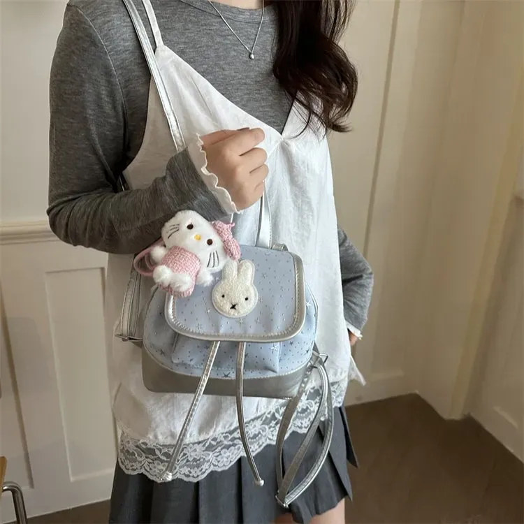 Tas Ransel Wanita Bahan PU Sintetis Motif Print Warna Pink Bentuk Kotak Tali Model Flap Grosir