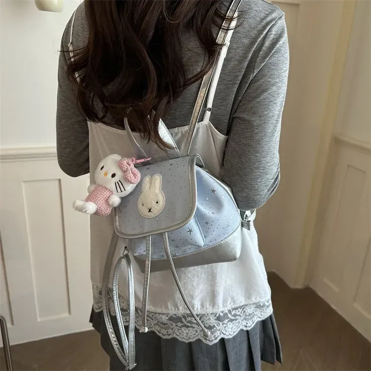 Tas Ransel Wanita Bahan PU Sintetis Motif Print Warna Pink Bentuk Kotak Tali Model Flap Grosir