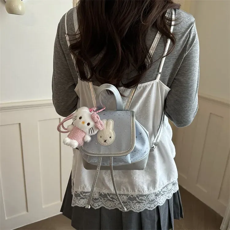 Tas Ransel Wanita Bahan PU Sintetis Motif Print Warna Pink Bentuk Kotak Tali Model Flap Grosir