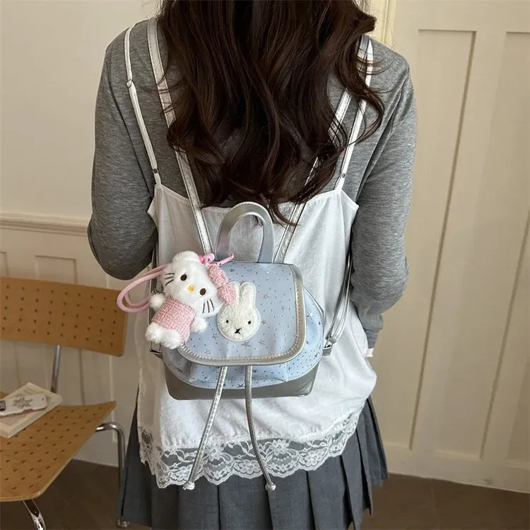 Tas Ransel Wanita Bahan PU Sintetis Motif Print Warna Pink Bentuk Kotak Tali Model Flap Grosir