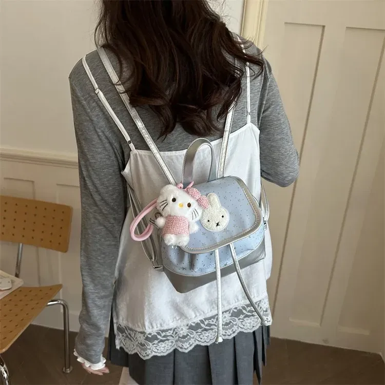 Tas Ransel Wanita Bahan PU Sintetis Motif Print Warna Pink Bentuk Kotak Tali Model Flap Grosir