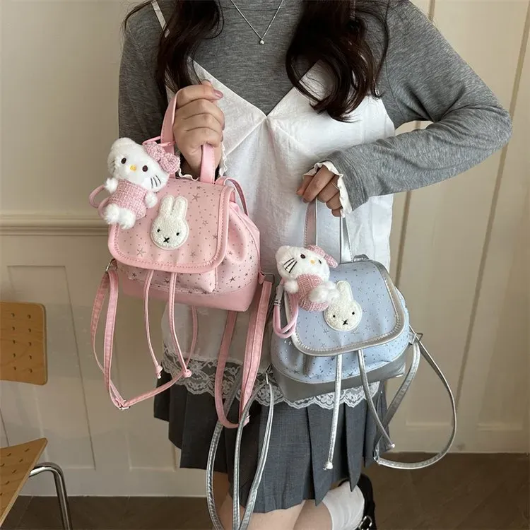 Tas Ransel Wanita Bahan PU Sintetis Motif Print Warna Pink Bentuk Kotak Tali Model Flap Grosir