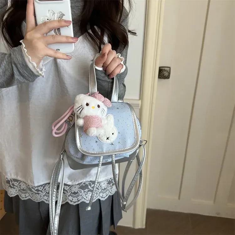 Tas Ransel Wanita Bahan PU Sintetis Motif Print Warna Pink Bentuk Kotak Tali Model Flap Grosir