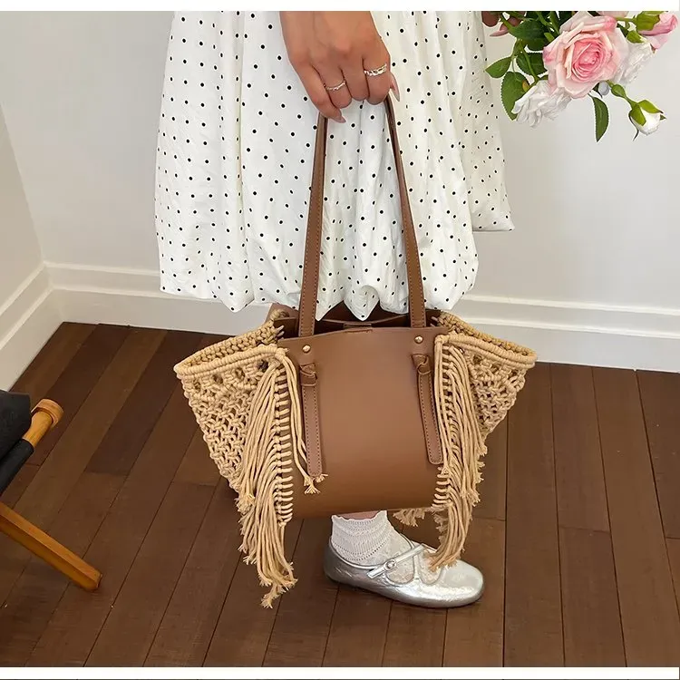 Tas Selempang Wanita Bahan PU Sintetis Tekstur Anyam Bentuk Kotak Tali Panjang Stok China