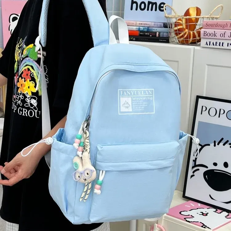 Tas Ransel Wanita Bahan Nylon Polos Warna Putih Bentuk Kotak Tali Lebar Stok Grosir