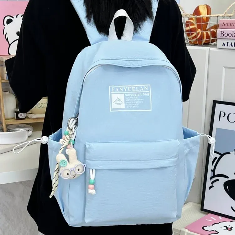 Tas Ransel Wanita Bahan Nylon Polos Warna Putih Bentuk Kotak Tali Lebar Stok Grosir