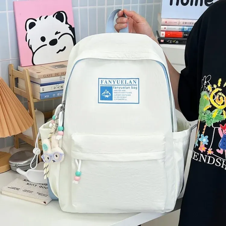 Tas Ransel Wanita Bahan Nylon Polos Warna Putih Bentuk Kotak Tali Lebar Stok Grosir