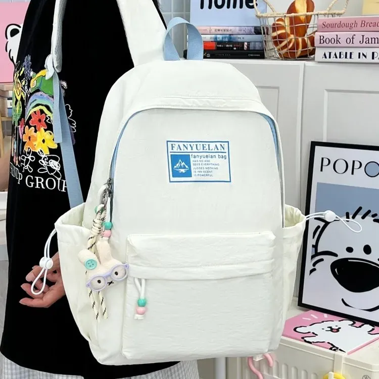 Tas Ransel Wanita Bahan Nylon Polos Warna Putih Bentuk Kotak Tali Lebar Stok Grosir