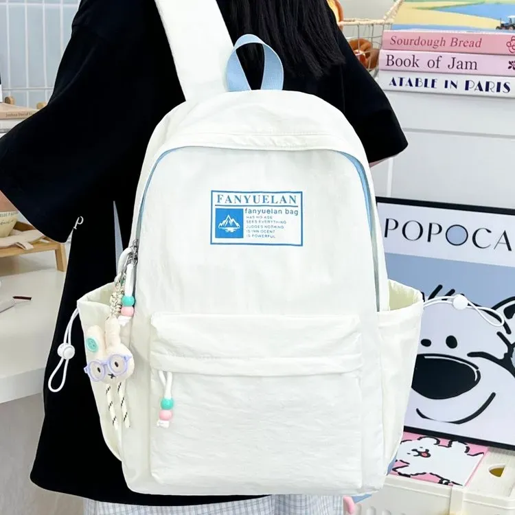 Tas Ransel Wanita Bahan Nylon Polos Warna Putih Bentuk Kotak Tali Lebar Stok Grosir