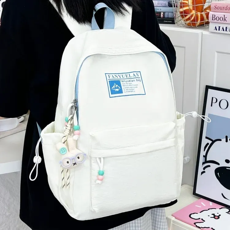 Tas Ransel Wanita Bahan Nylon Polos Warna Putih Bentuk Kotak Tali Lebar Stok Grosir