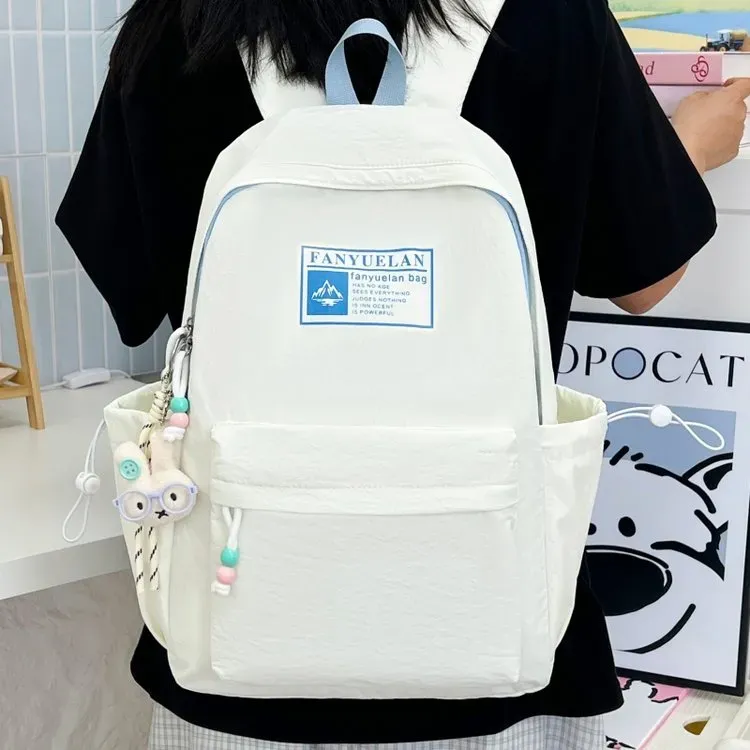 Tas Ransel Wanita Bahan Nylon Polos Warna Putih Bentuk Kotak Tali Lebar Stok Grosir