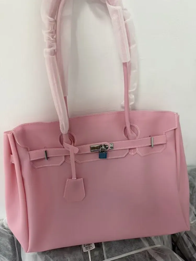 Tas Selempang Wanita Bahan PU Sintetis Polos Warna Pink Bentuk Kotak Tali untuk Toko Online