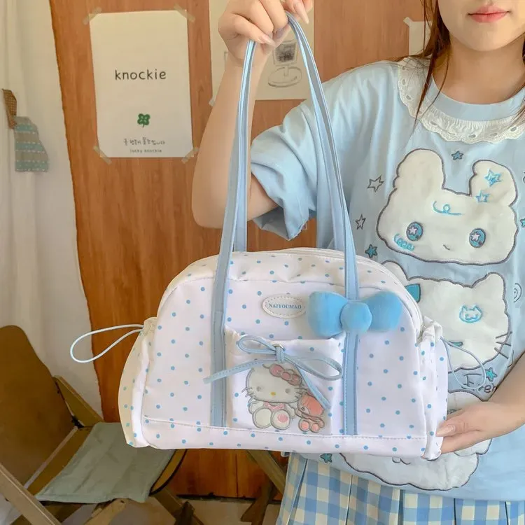 Tas Selempang Wanita Bahan PU Sintetis Motif Polkadot Warna Putih Bentuk Bulat Motif Floral