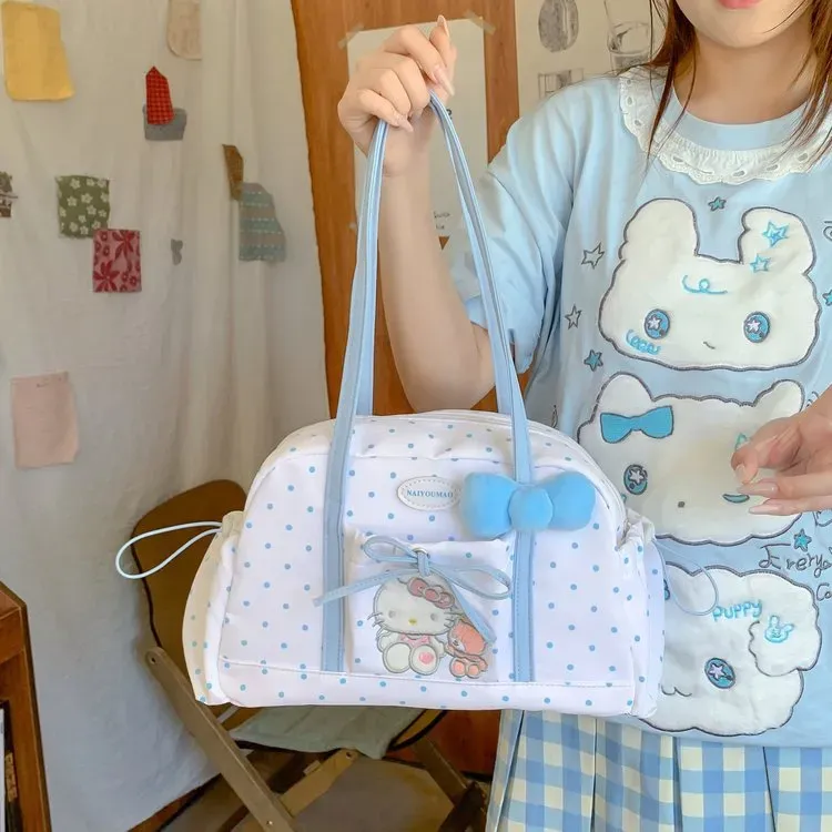 Tas Selempang Wanita Bahan PU Sintetis Motif Polkadot Warna Putih Bentuk Bulat Motif Floral