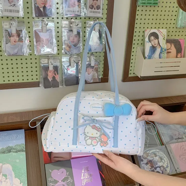 Tas Selempang Wanita Bahan PU Sintetis Motif Polkadot Warna Putih Bentuk Bulat Motif Floral