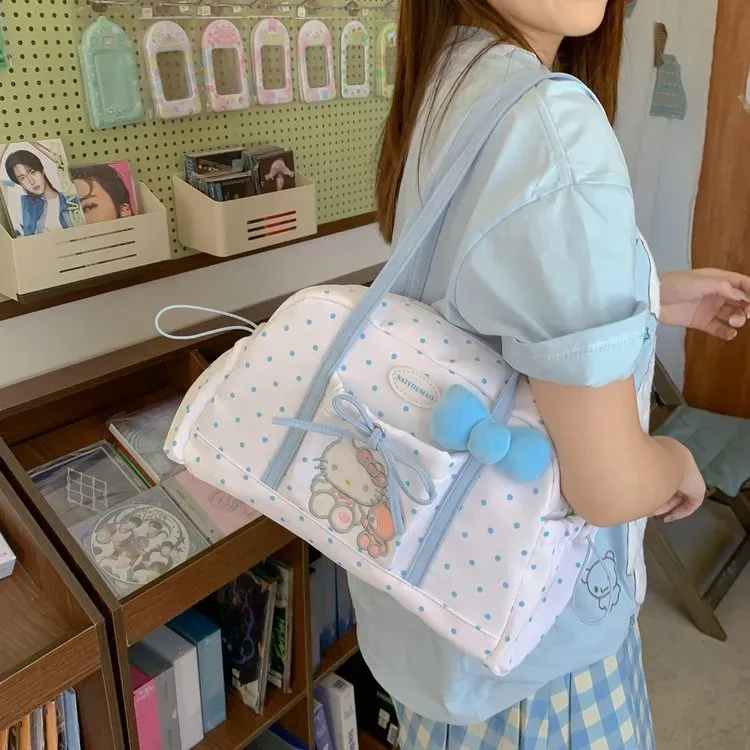 Tas Selempang Wanita Bahan PU Sintetis Motif Polkadot Warna Putih Bentuk Bulat Motif Floral