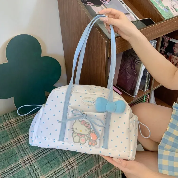 Tas Selempang Wanita Bahan PU Sintetis Motif Polkadot Warna Putih Bentuk Bulat Motif Floral