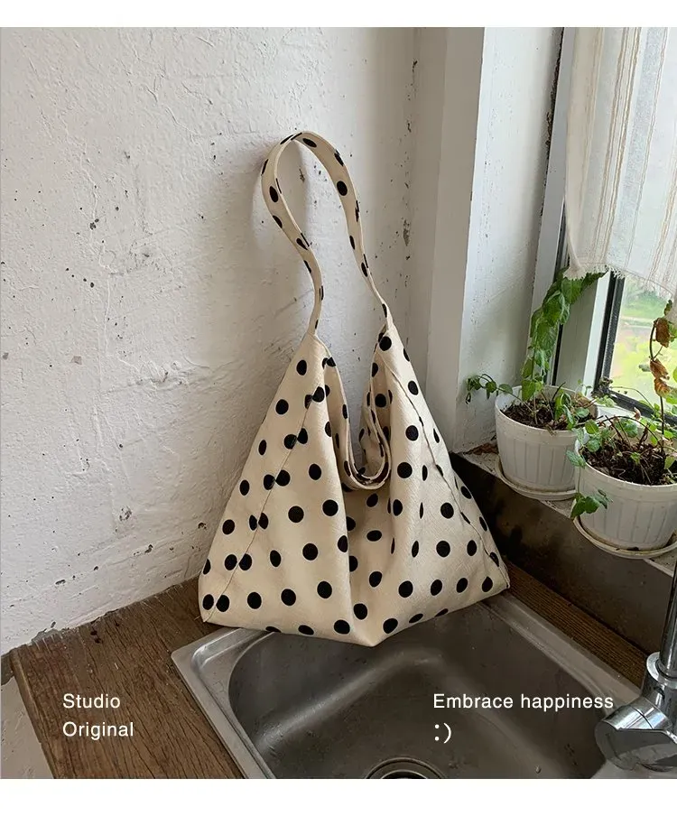 Tas Selempang Wanita Bahan PU Sintetis Motif Polkadot Warna Hitam Model Hobo Pilihan Reseller