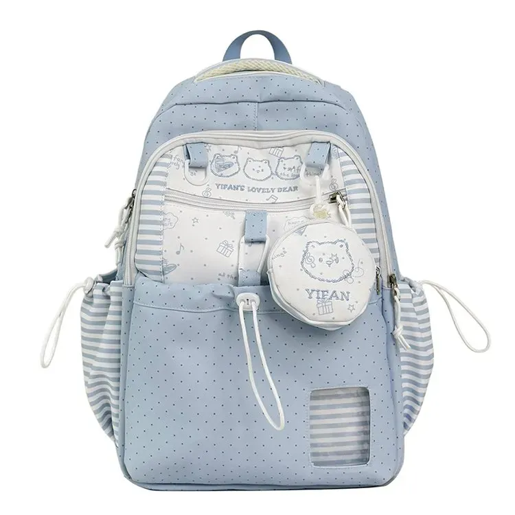 Tas Ransel Anak Bahan Oxford Motif Polkadot Warna Biru Bentuk Kotak Tali Panjang Grosir Import