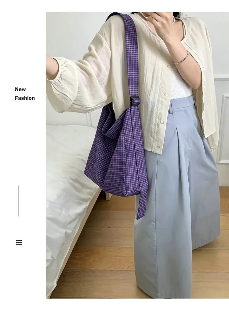 Tas Selempang Wanita Bahan Nylon Motif Print Warna Ungu Bentuk Kotak Tali Grosir Import