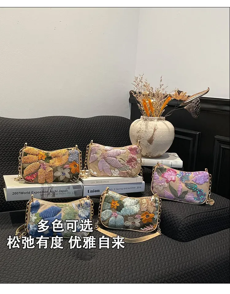Tas Selempang Wanita Bahan PU Sintetis Motif Floral Bentuk Crescent Tali Rantai Grosir Import
