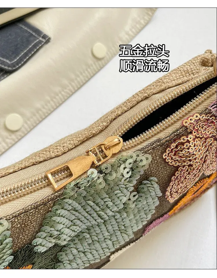 Tas Selempang Wanita Bahan PU Sintetis Motif Floral Bentuk Crescent Tali Rantai Grosir Import
