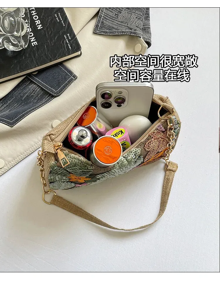 Tas Selempang Wanita Bahan PU Sintetis Motif Floral Bentuk Crescent Tali Rantai Grosir Import