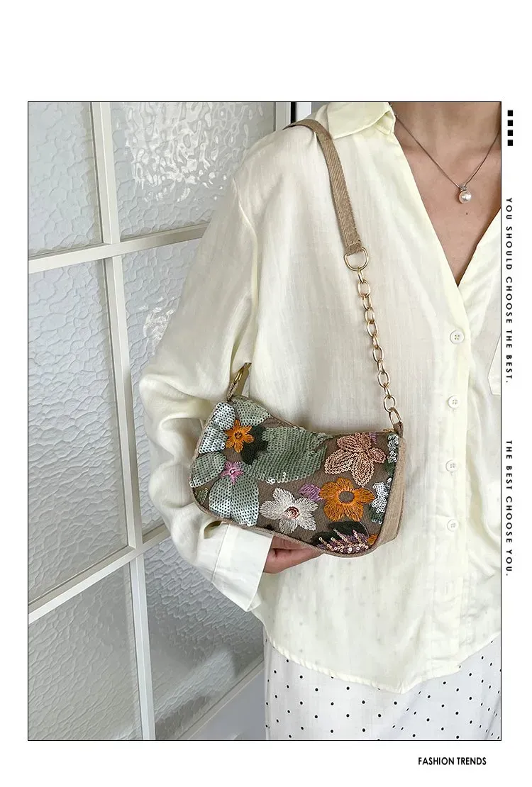 Tas Selempang Wanita Bahan PU Sintetis Motif Floral Bentuk Crescent Tali Rantai Grosir Import