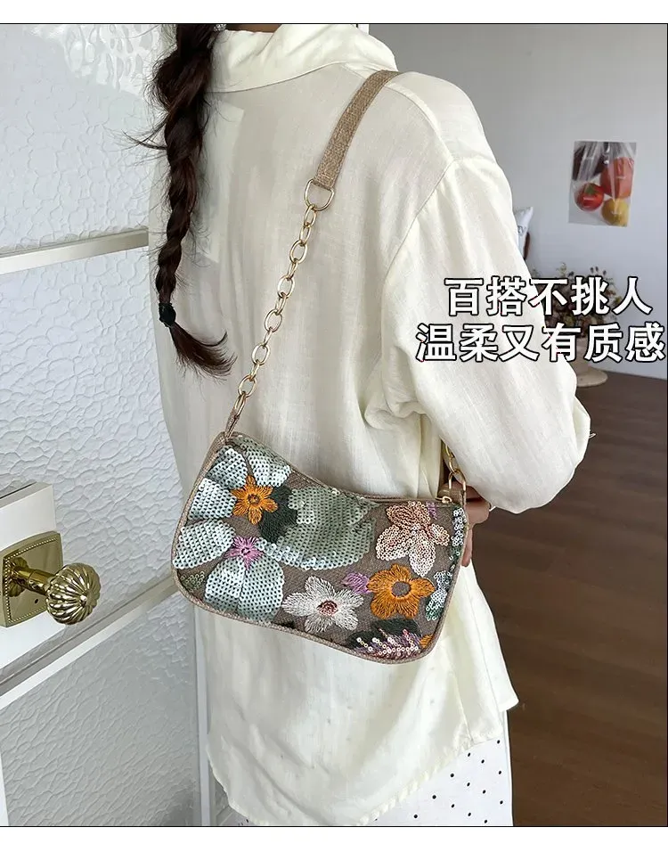 Tas Selempang Wanita Bahan PU Sintetis Motif Floral Bentuk Crescent Tali Rantai Grosir Import