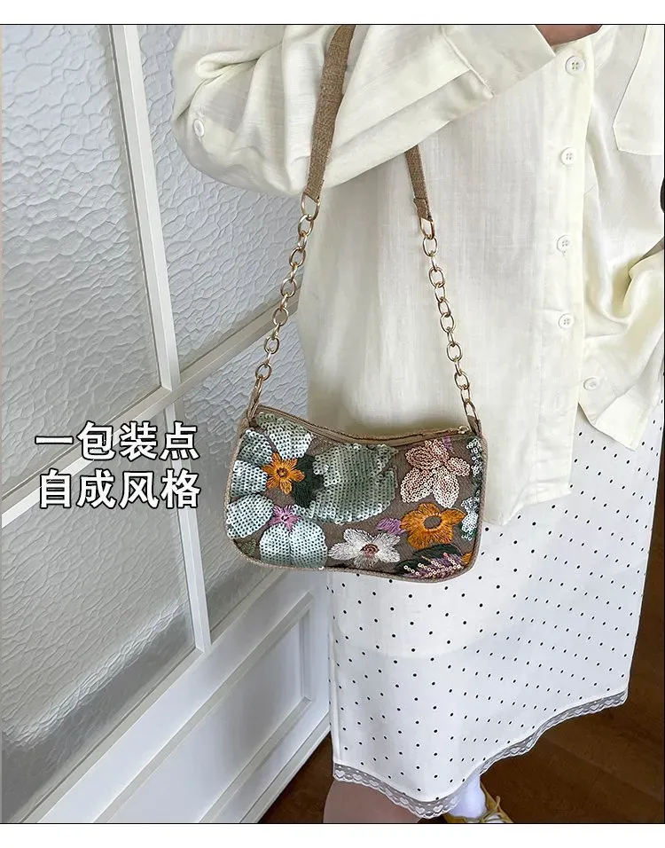 Tas Selempang Wanita Bahan PU Sintetis Motif Floral Bentuk Crescent Tali Rantai Grosir Import