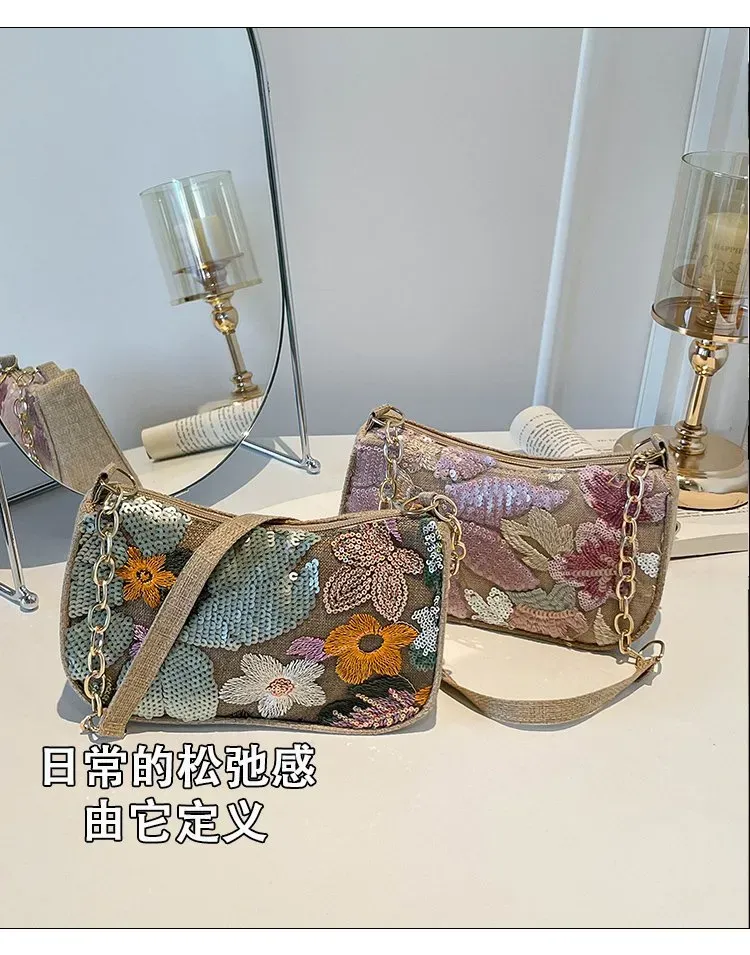 Tas Selempang Wanita Bahan PU Sintetis Motif Floral Bentuk Crescent Tali Rantai Grosir Import