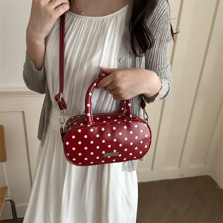 Tas Selempang Wanita Bahan PU Sintetis Motif Polkadot Warna Merah Bentuk Kotak Resleting