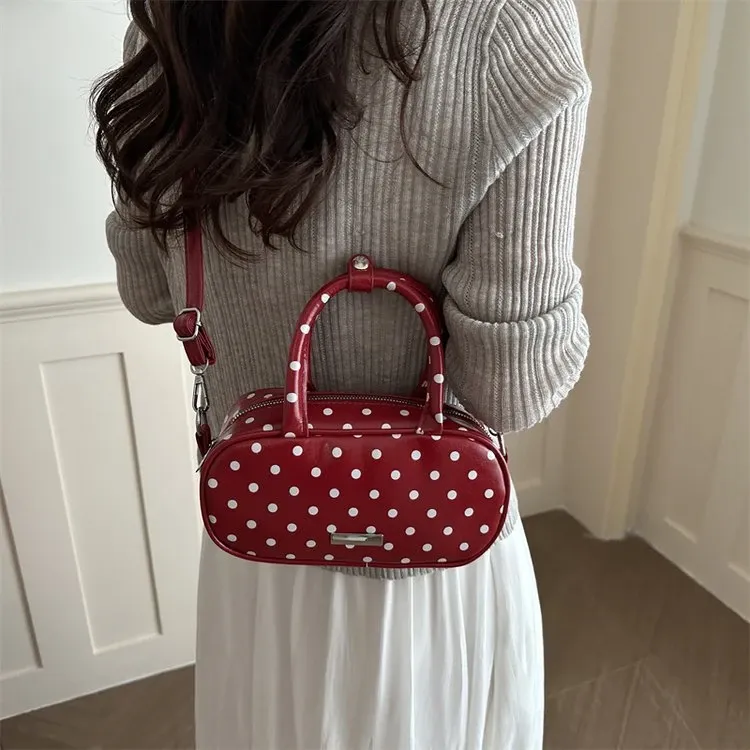 Tas Selempang Wanita Bahan PU Sintetis Motif Polkadot Warna Merah Bentuk Kotak Resleting