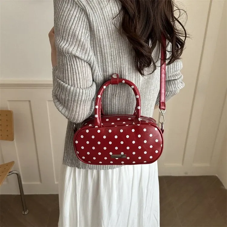 Tas Selempang Wanita Bahan PU Sintetis Motif Polkadot Warna Merah Bentuk Kotak Resleting